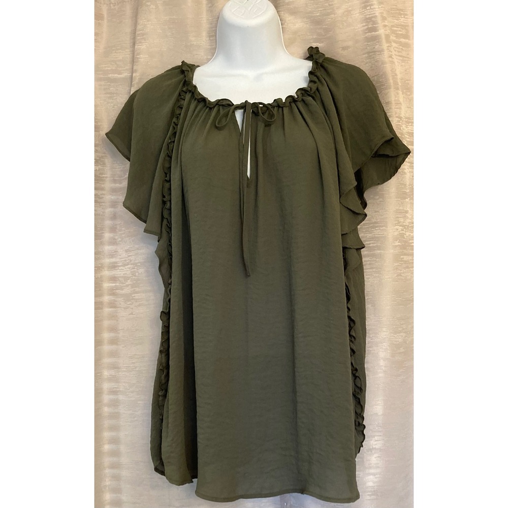 Worthington Olive Green Ruffle Tie-Neck Blouse